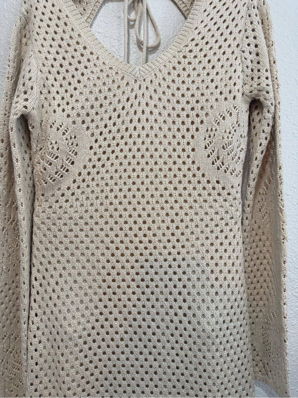 Crochet V-Neck Long Sleeve Dress in Cream - Picture 2 of 7